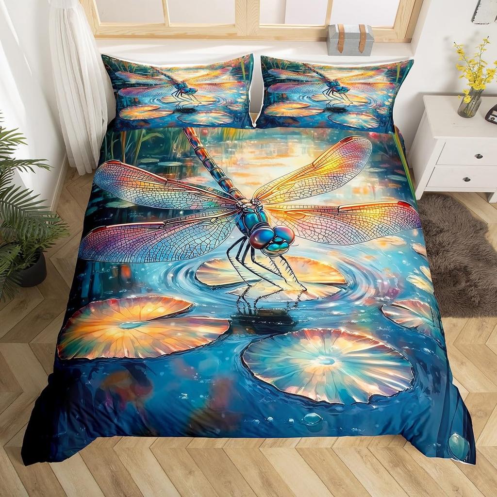 Dragonfly and Lotus Duvet Covers for Kids Teens Lightweight Quilt Covers Blossom Flowers Pond Natural Scenery Animal Bedding Set