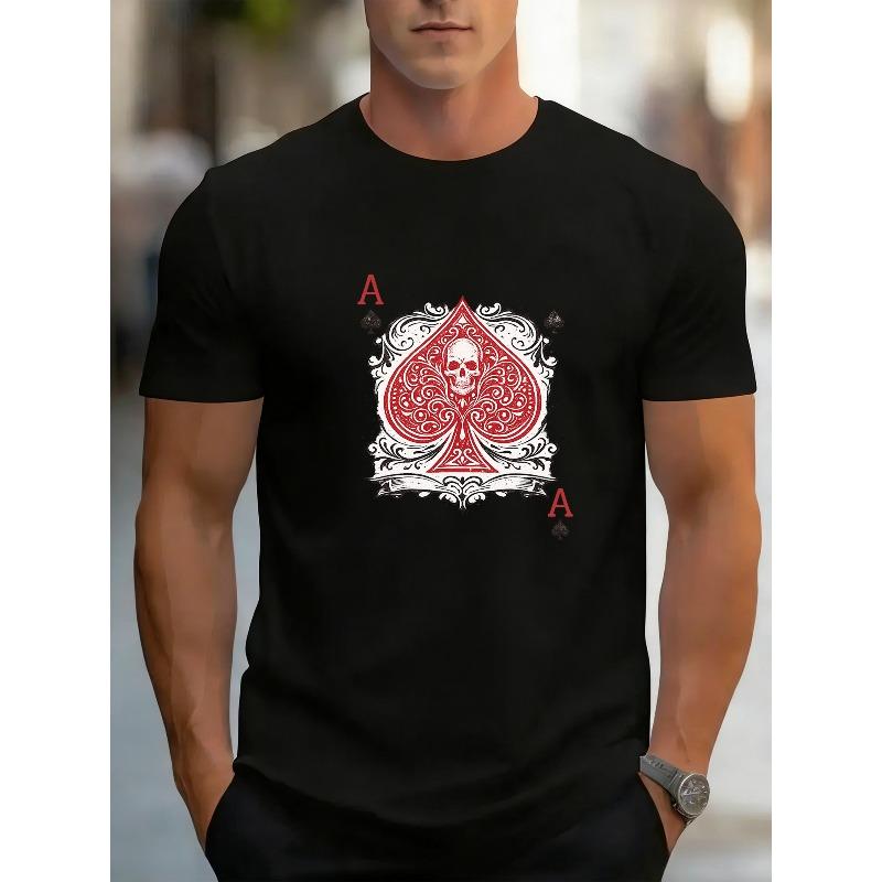 Europäische Größen Schwarz und Rot Herz Schädel Spielkarten Druck | Lässiges Rundhals-T-Shirt, Geeignet für Wochenendkleidung, Modische Herrenbekleidung