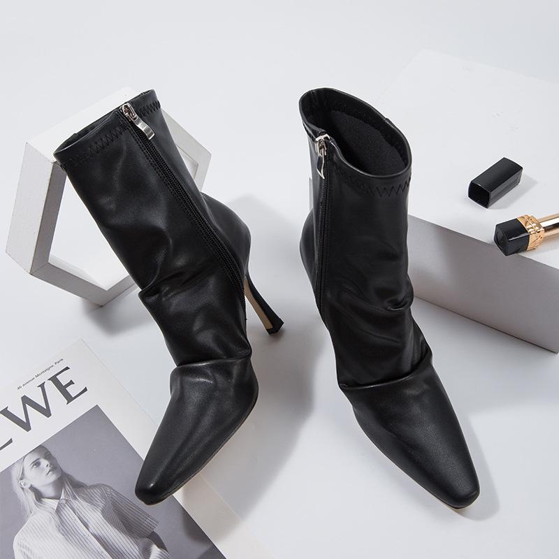 Women Ankle Boots Pu Solid Color Pointed Toe Stiletto Side Zipper Simple Fashion Street Everyday Sexy Elegant Women Shoes Kc061
