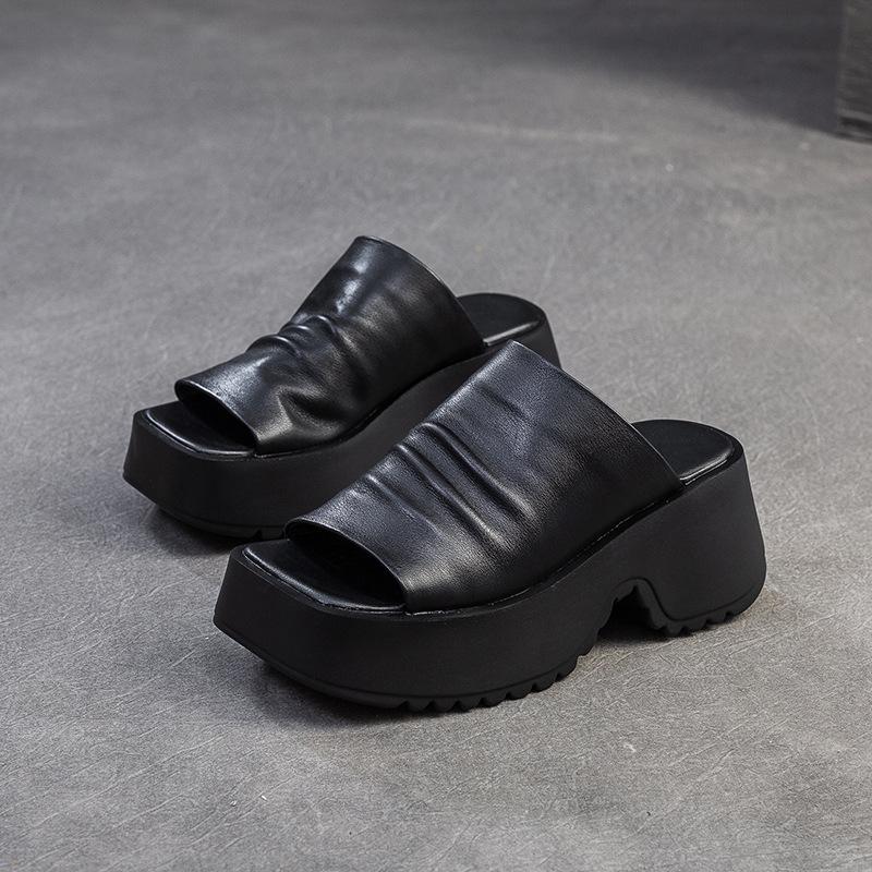 

Модные GKTINOO Ретро Босоножки на платформе с открытым носком для улицы Лето 2025 Новая натуральная кожа Удобные увеличивающие рост Женская обувь 40 чёрный