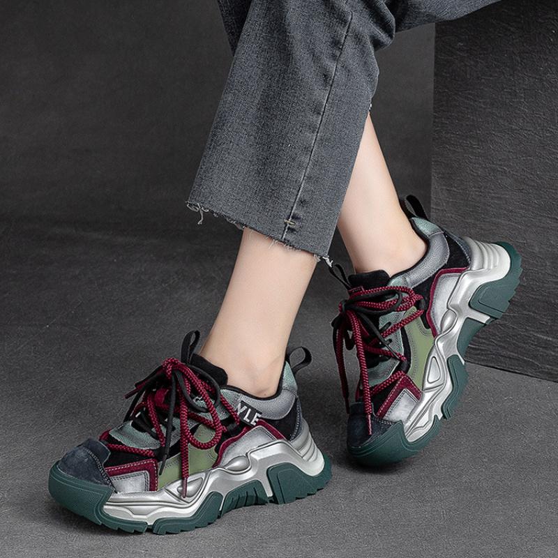 Johnature Casual Flache Schuhe Frauen Turnschuhe Echtes Leder Mischfarben Retro Bequeme Dicke Sohle Plattform Turnschuhe