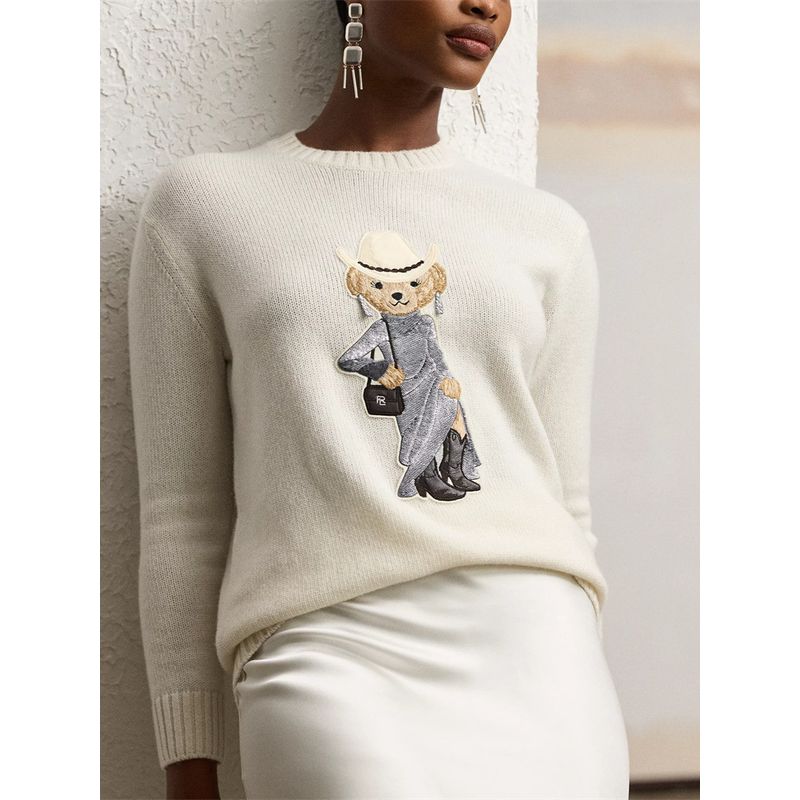 

Sweater Bear Embroidered Crew Neck Slim Fit Sweater Fall and Winter Cartoon Preppy Style Natasha Knitwear Tops Female Beige L