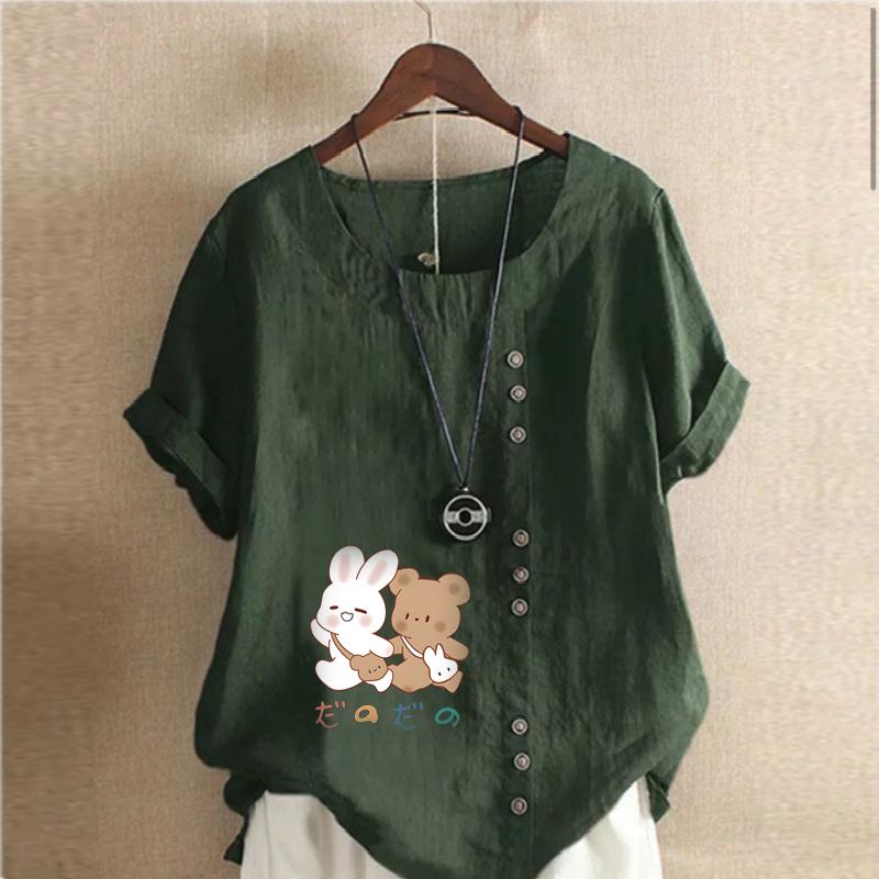 Women's New Fashion Linen Shirt Round Neck Short Sleeve Rabbit and Bear Printed T-shirt Summer Ladies Casual Plus Size Blouse Tops