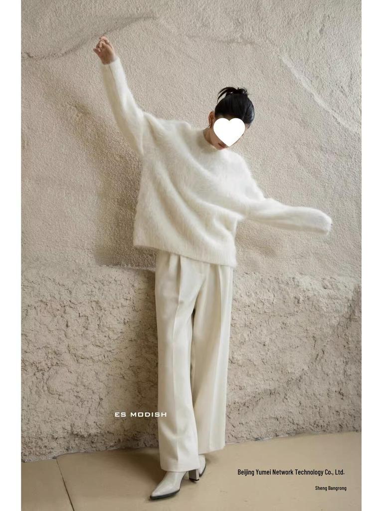 Soft Mink Cashmere Pullover Sweater - Women's Autumn/Winter Cozy Style Milk Knitted Cardigan Thickened Top