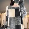 Women's Color Block Plaid Wool Sweater - Round Neck, Thickened Loose Fit, Cashmere Knit Base Layer for Autumn/Winter.