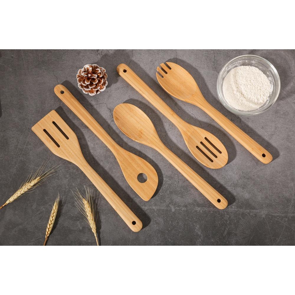 5pcs Bamboo Cooking Utensil Set Natural Eco-Friendly Kitchen Tools Hand Wash Only Multi-Functional Stirring Serving Spoons