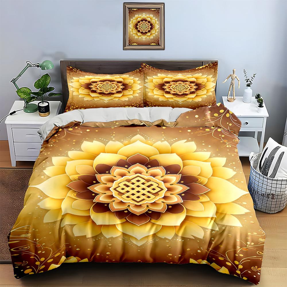Golden floral mandala. Bedding Duvet cover sets Duvet covers Pillowcases gifts (1 * Duvet Cover 2 * Pillowcases, without duvet insert)