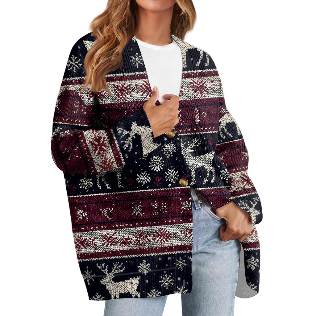 Dámský módní kardigan s dlouhým rukávem, vánočním potiskem, výstřihem do V a knoflíky, volný top