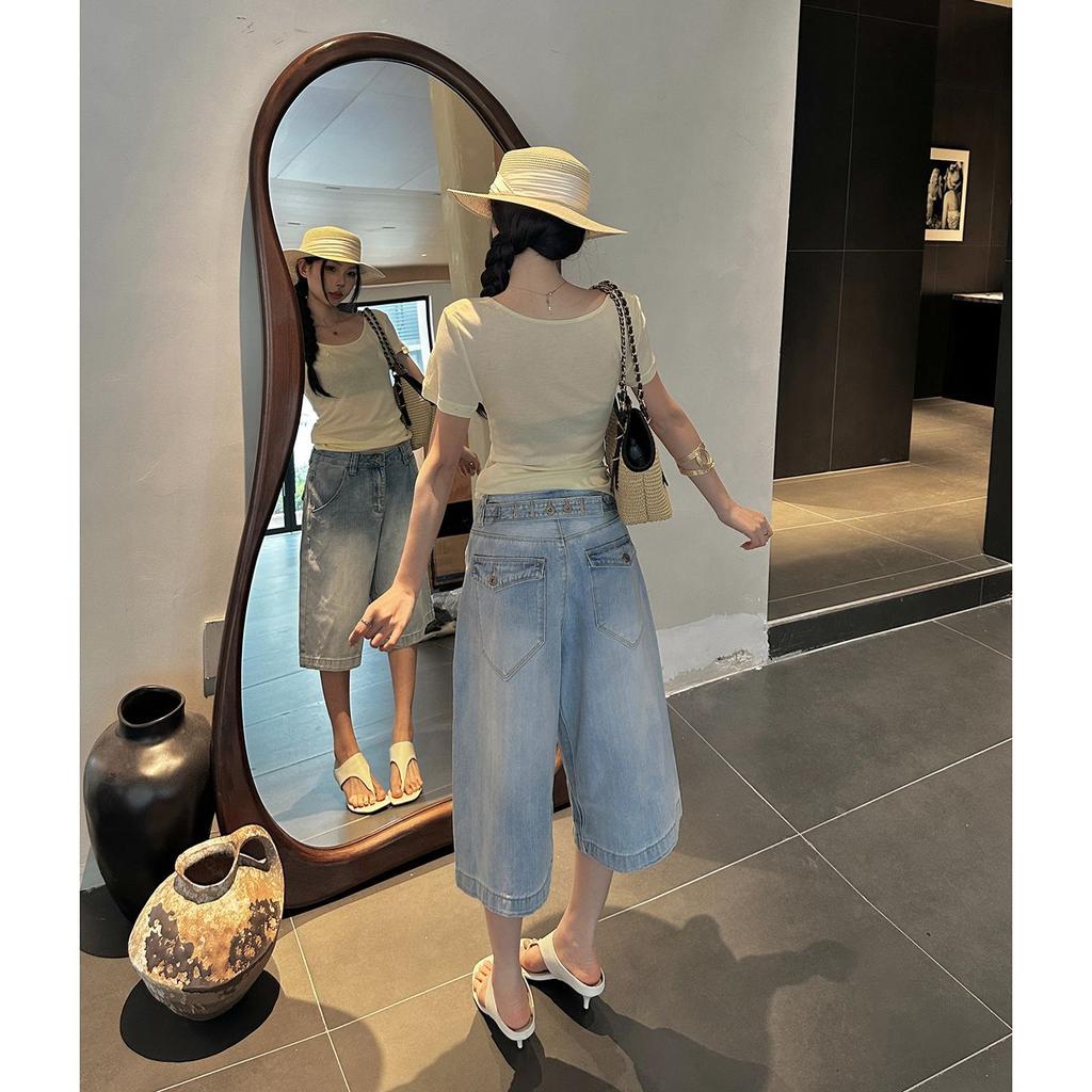 Trendy Summer Vintage Loose Wide Leg Back Button Designer Cropped Capri Denim Pants For Women Versatile Slimming FigureFlattering Casual Wear