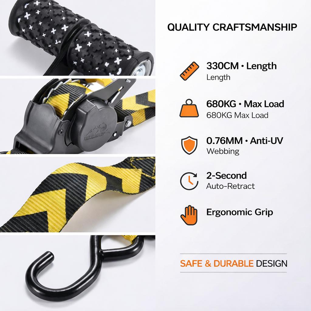 Einziehbarer Schwerlast-Ratschen-Zurrgurt 2,5 x 330CM Bruchfestigkeit 680KG Schnellverschluss für Motorrad ATV Auto Fracht Gepäck