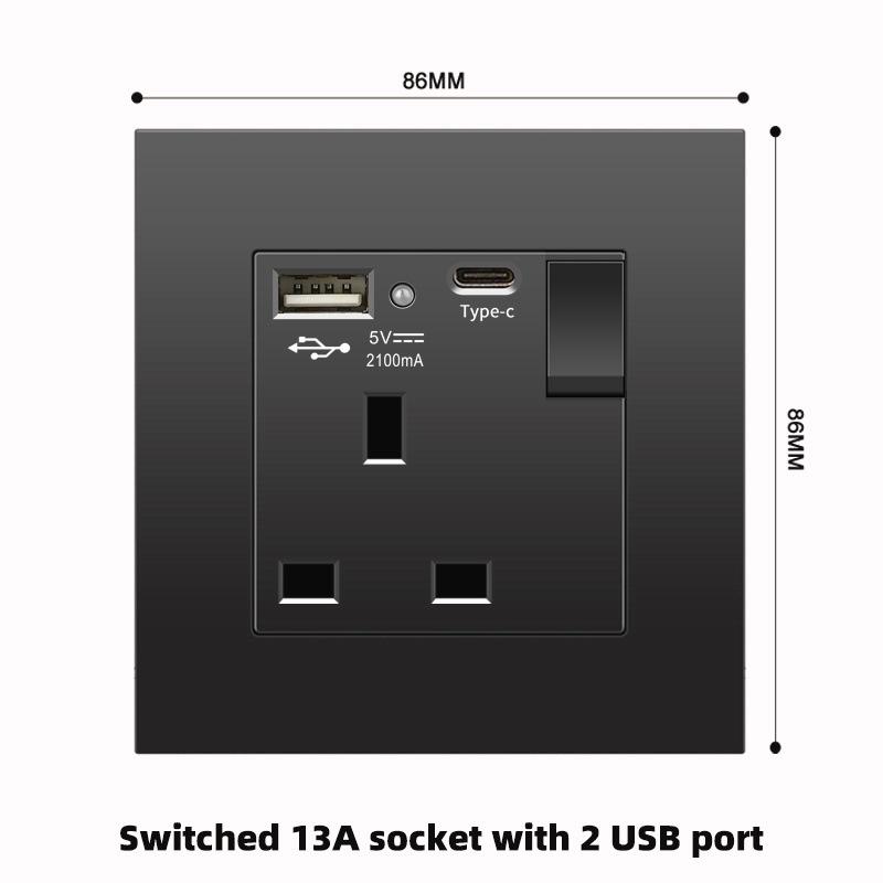 British 13A Socket with USB-C Fast Charging, Hong Kong & Macau Version, Black 3-Hole Square Pin 86 Panel