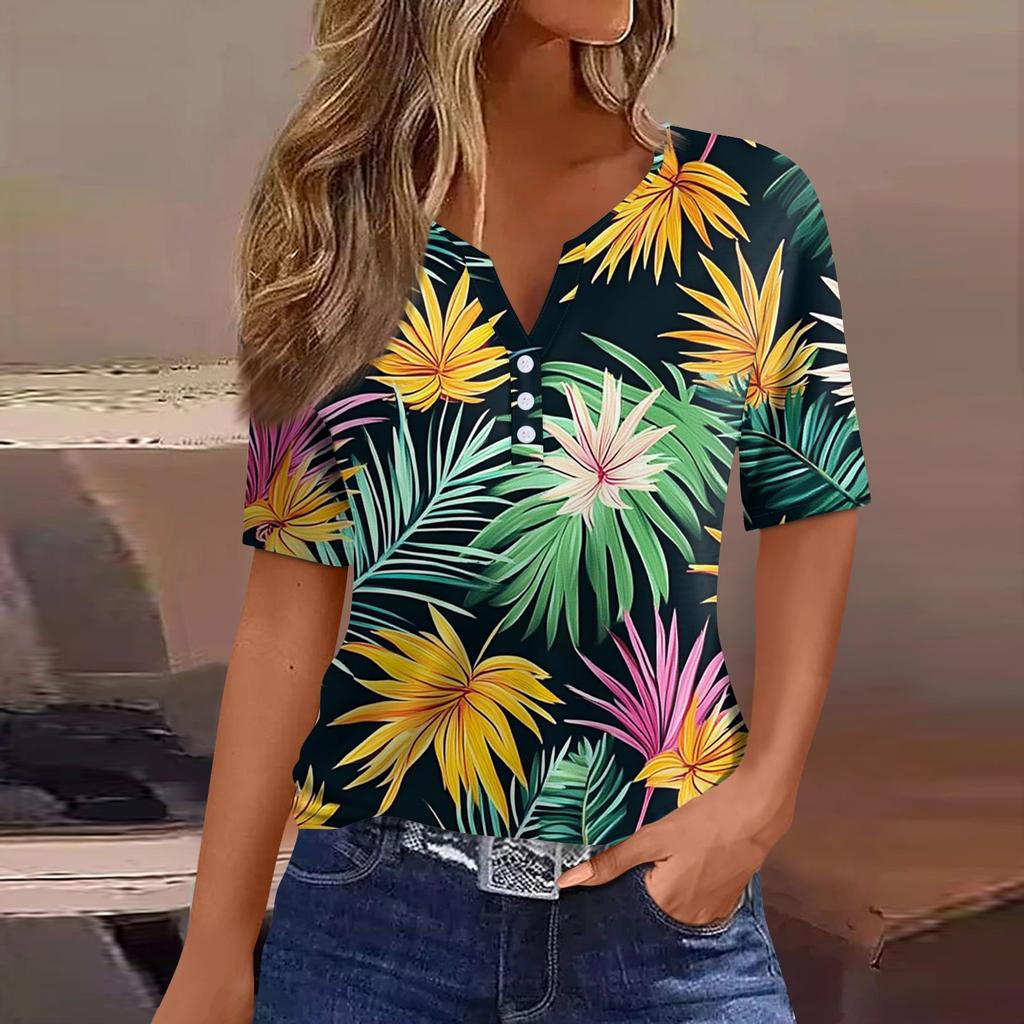 Women's T Shirt Print Button Short Sleeve Daily Weekend Fashion Basic V- Neck Regular Top