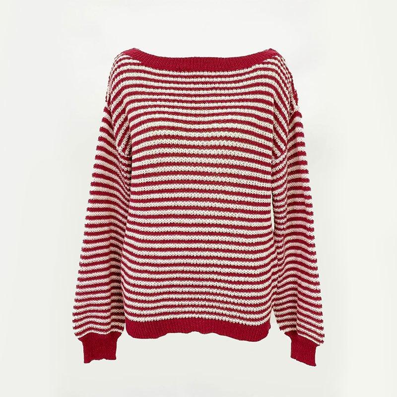 Off The Shoulder Striped Sweater Women Autumn Winter Fashion Loose Soft Neckline Casual Knitted Sweaters