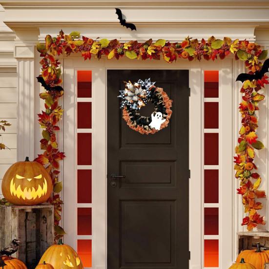 Halloween Ghost Wreath for Front Door Rustic Burlap Wreath with Plaid Bow for Farmhouse Porch Window Wall Decor