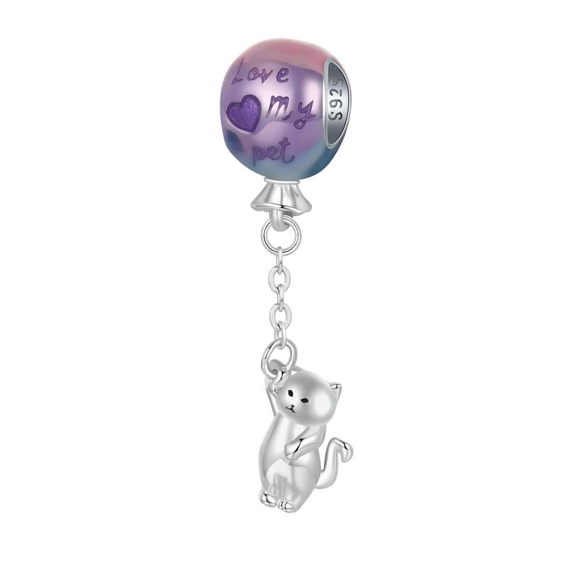 WOSTU 925 Sterling Silver Pink Opal Moon Cat Charm Glow In Dark Pet Paw Pendant Cat's eye safety Chain Fit Original Bracelet DIY