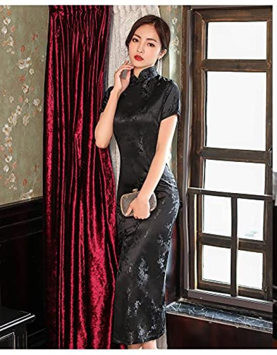 TRTRO Long Embroidered Cheongsam Ethnic Elegant Upgrade Print Size Women's Dress, Qipao, Fashion, (Plum Black, XL)