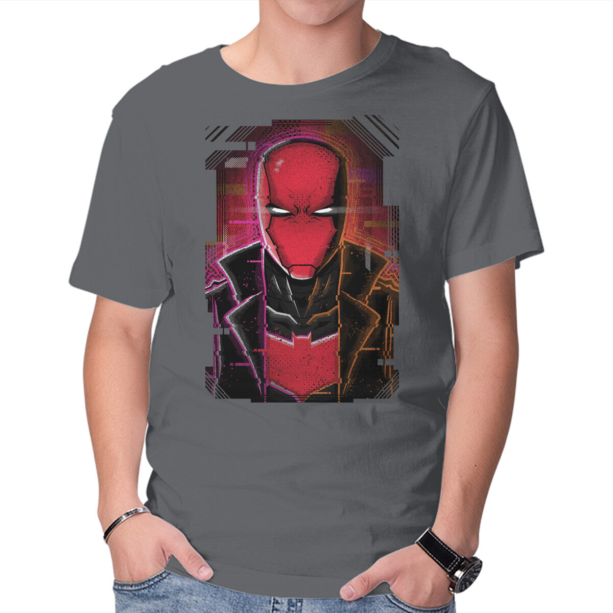 Unisex Crew Neck T-Shirt Red Hood Glitch Graphic Short Sleeve Casual Tee XS