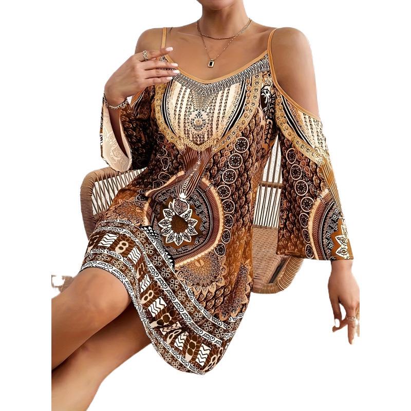 European & American Ethnic Geometric Off-Shoulder Long-Sleeve Dress - In Stock 2025