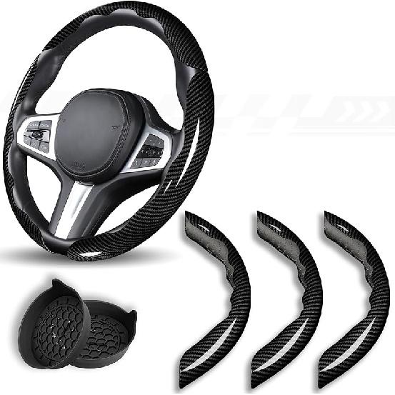 Car Steering Wheel Cover, 3 Piece Bright Carbon Fiber Steering Wheel Covers, Non-Slip Steering Wheel Cover Protector, Great Grip, Universal Car Standard Size[14 1/2-15 ]