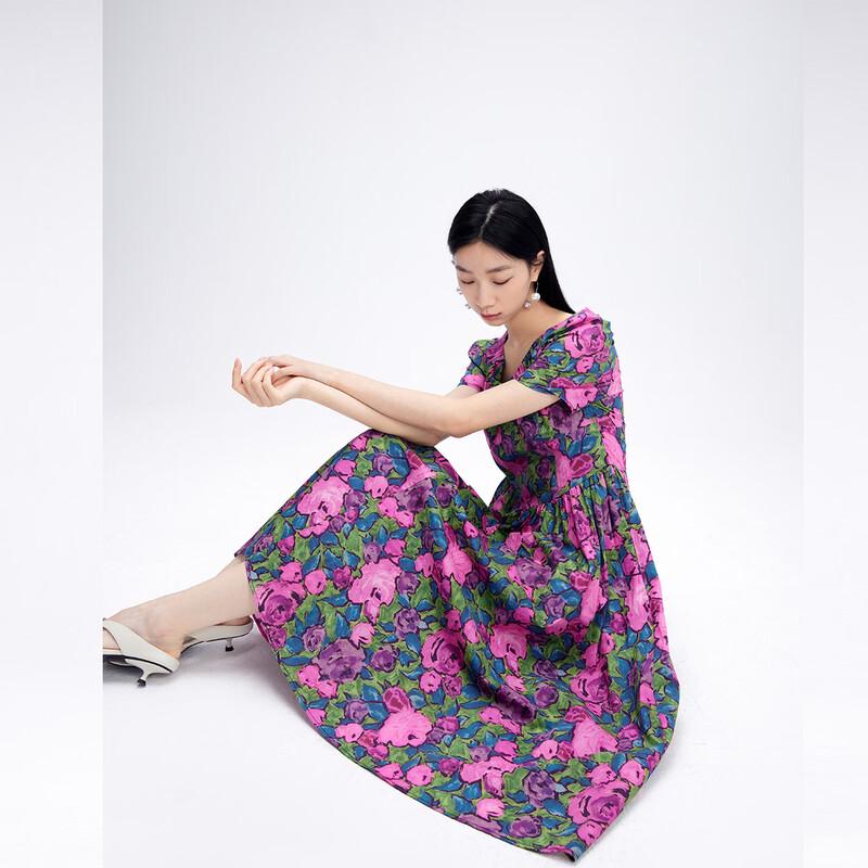Vintage Floral Print Short-Sleeve Midi Dress L