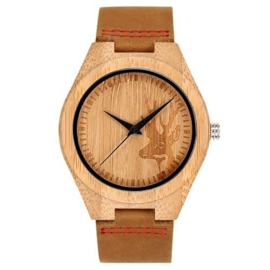 Mens wristwatch wooden bamboo genuine leather strap quartz simple casual natural wood Japanese movement logo custom (Bamboo Kouka Shikato Men)