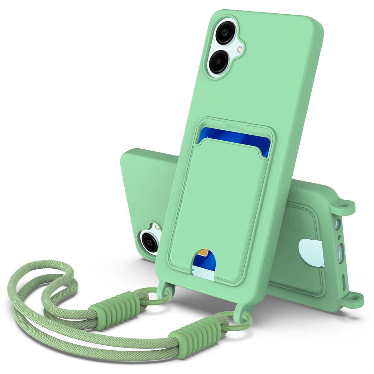 

For Samsung Galaxy A06 5G Liquid Silicone Case Phone Back Cover with Card Holder and Short Strap Green