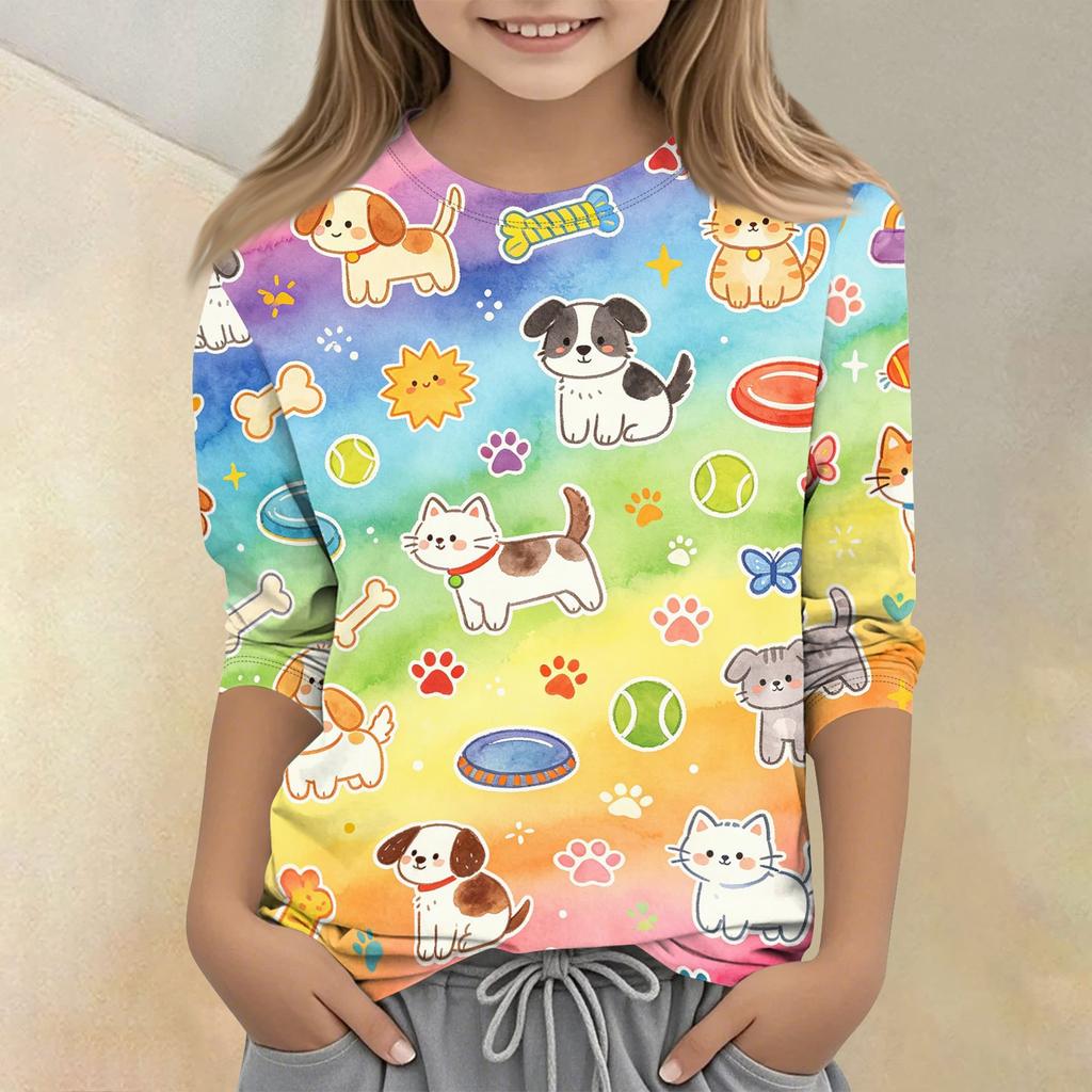 Kinder Freizeit T-Shirt Rundhals Dreiviertelarm Pullover Oberteil mit Tierprint Muster Weicher Leichter Stoff für den Alltag