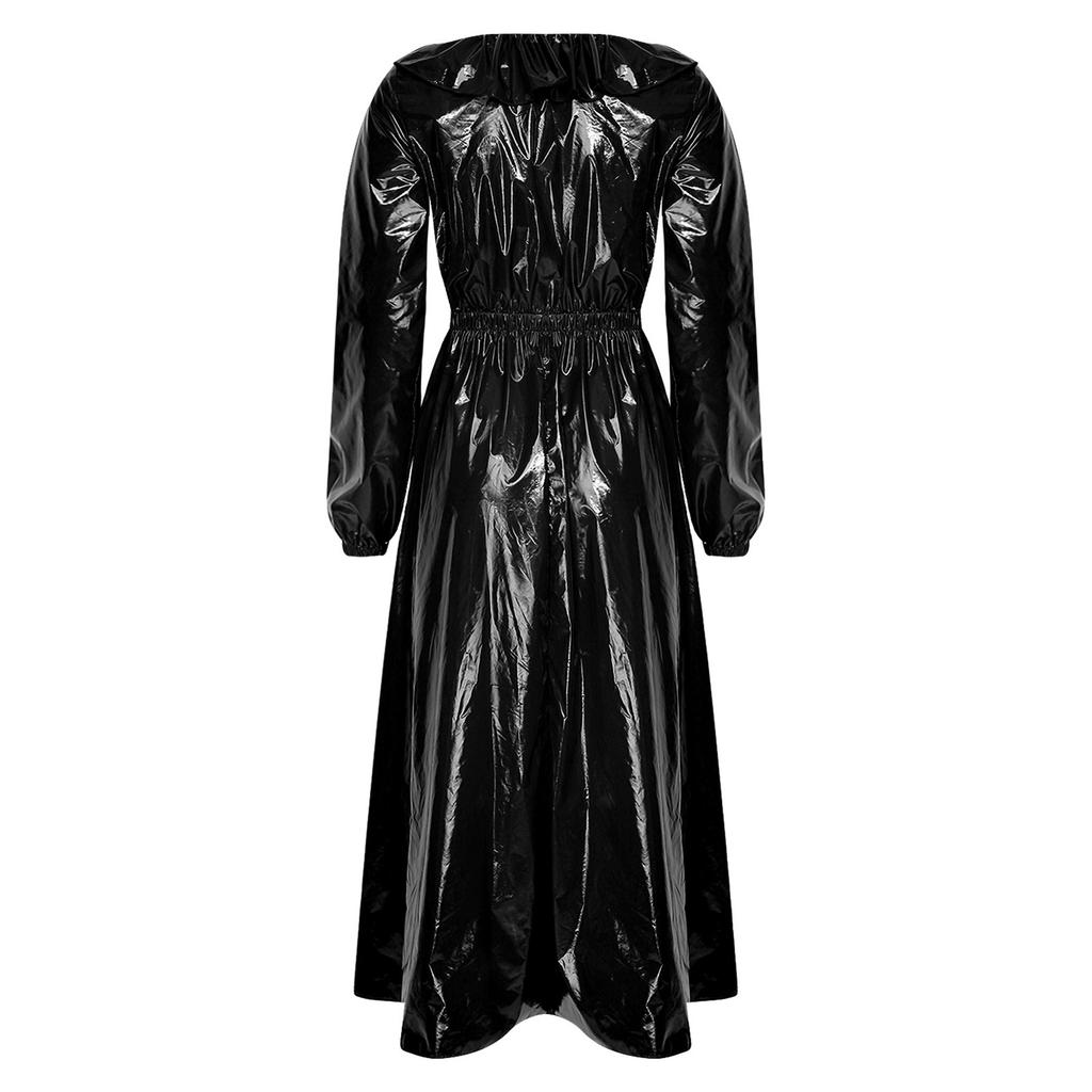 Vestito Donna Impermeabile Lucido in Vinile Girocollo Manica Lunga Arricciata Cintura in Vita Svasato Midi per Festa Rave Club Notte Abbigliamento da Spiaggia