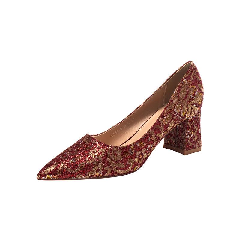 

Грубый каблук заостренный женские туфли на высоком каблуке свадебные туфли сексуальное свадебное платье кружево новые легкие одинарные туфли 40