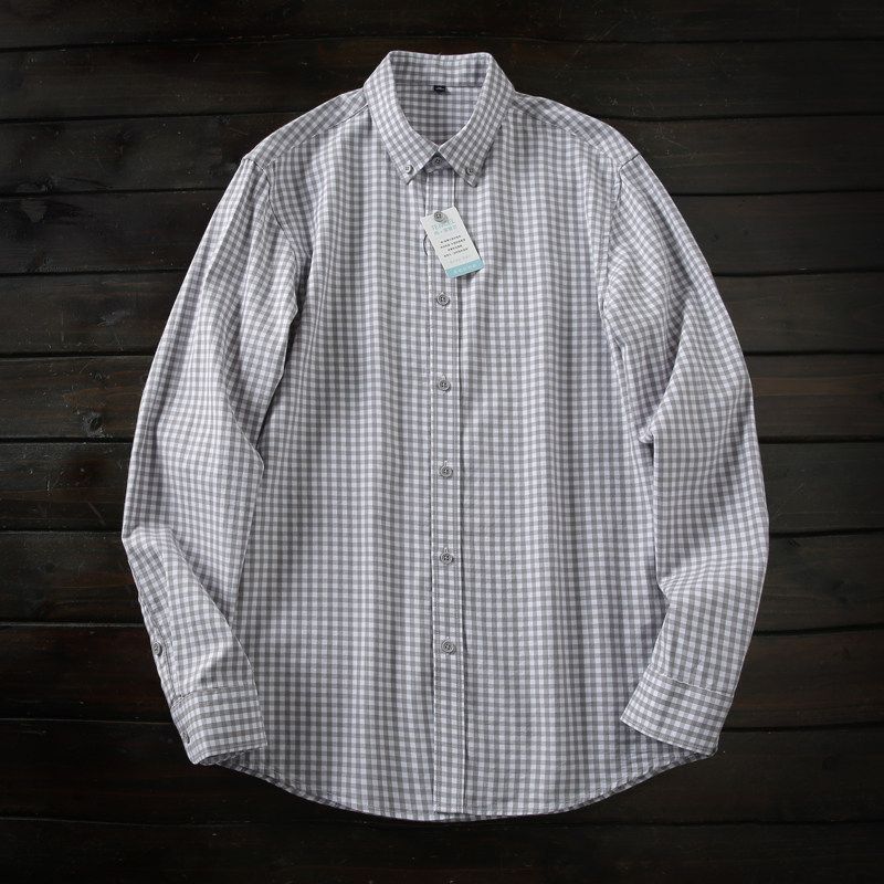 Japan fashion Order 80S Lyocell/Long-staple Cotton Foreign Trade Tail Goods Men Lapel Plaid Long sleeve Shirts Top Spring