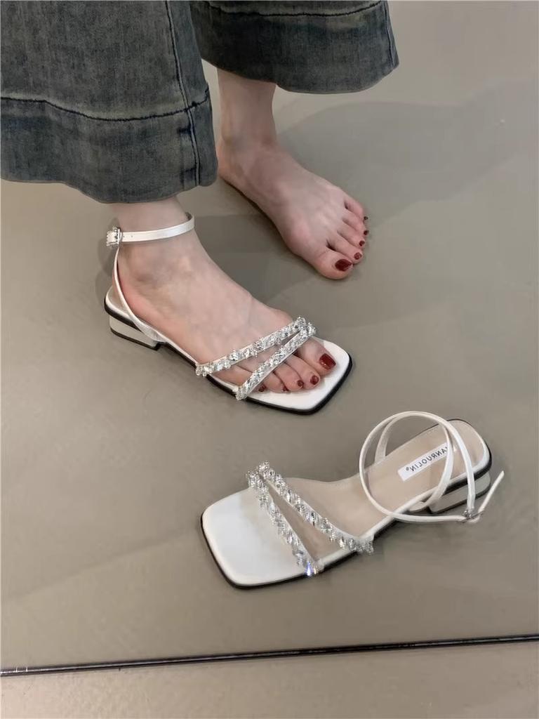 Soft fairy sandals female 2025 summer French temperament socialite rhinestone open toe thick heel Roman sandals