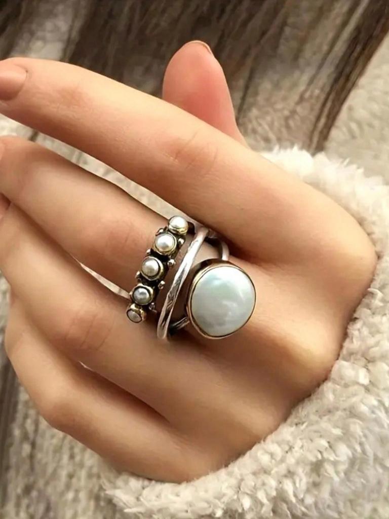 1pc Vintage Style Multilayer Faux Pearl Cocktail Ring For Women Jewelry Accessory