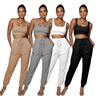 European and American Women's Fashion: Solid Color High-Elastic Shaping Rib-Knit Short-Sleeve Top & Wide-Leg Pants Two-Piece Set.
