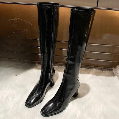 Damen Plateau Kniehohe Stiefel Herbst Neu Lackleder Seitenreißverschluss Lange Stiefel Frau Schwarz Hoher Absatz Ritter Botas Mujer