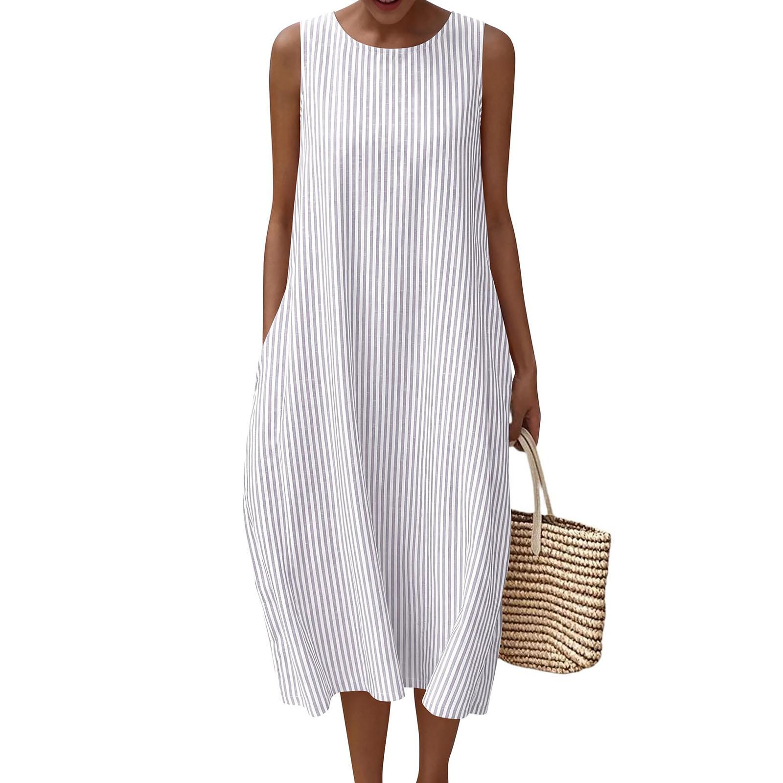Women s Fashion Casual Striped Print Sleeveless Round Neck Vest Dress XXL