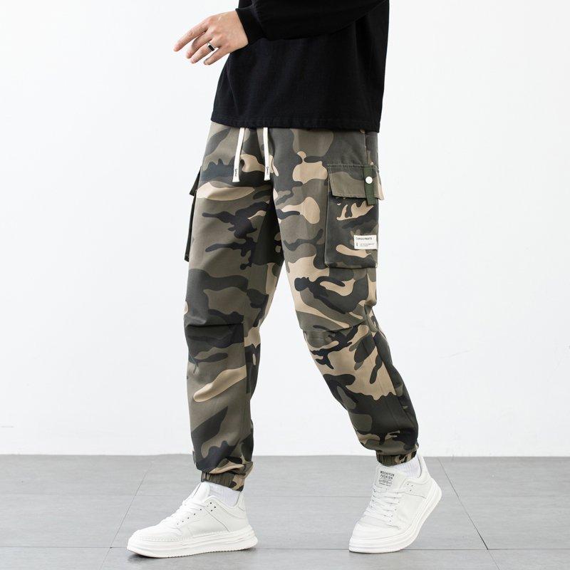 Men Camouflage Multi Pocket Cargo Jogger Pants Drawstring Elastic Waist Cuffed Casual Trousers