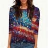 T-shirt Top Décontracté Tendance pour Femme Imprimé Drapeau Américain et Étoiles Fête de l'Indépendance Manches Trois-Quarts Col Rond