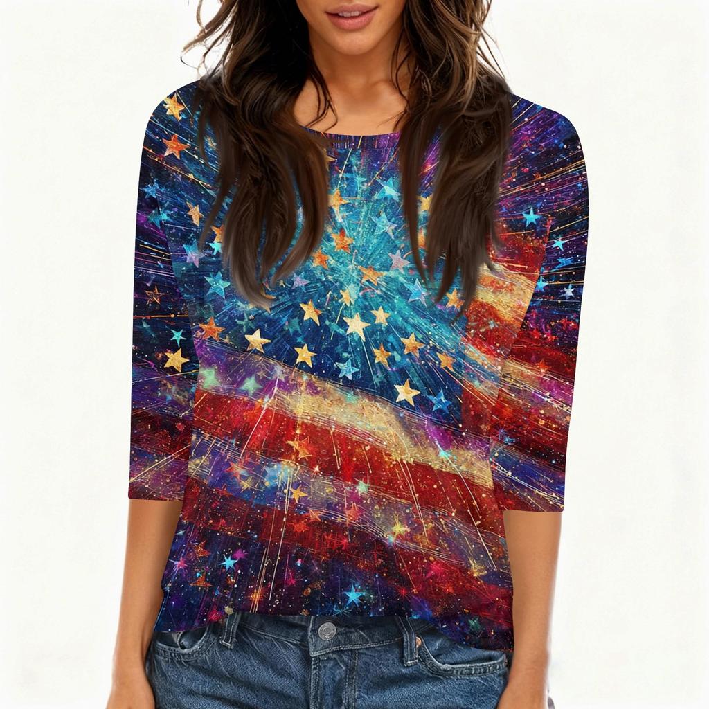 T-shirt Top Décontracté Tendance pour Femme Imprimé Drapeau Américain et Étoiles Fête de l'Indépendance Manches Trois-Quarts Col Rond