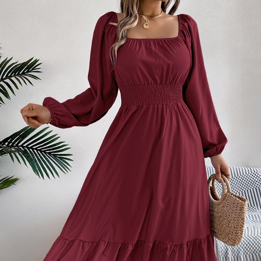 Autumn and Winter Casual Elegant Solid Color Round Neck Long Sleeved Waist Cinched Lotus Leaf Edge Dress Women Clothing
