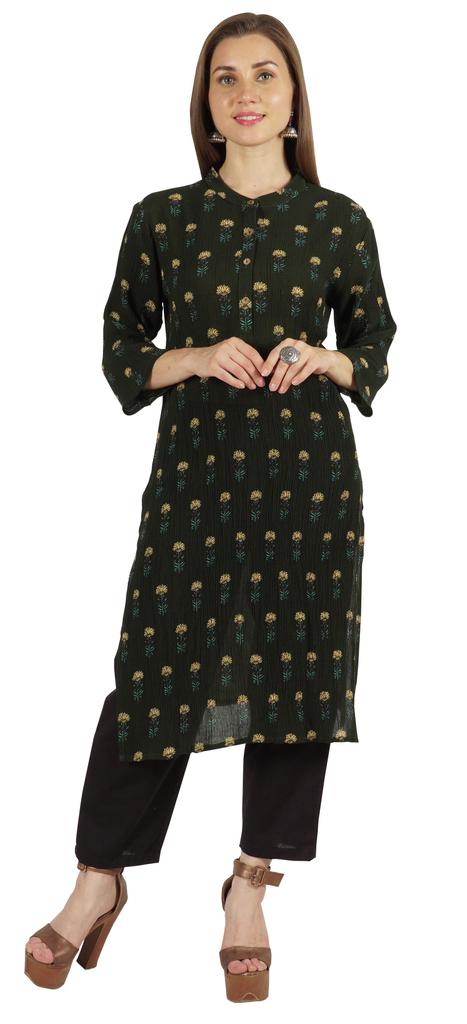 Moomaya Printed Womens Kurti 3 4 Sleeve Mandarin Collar Straight Kurta Soft Summer