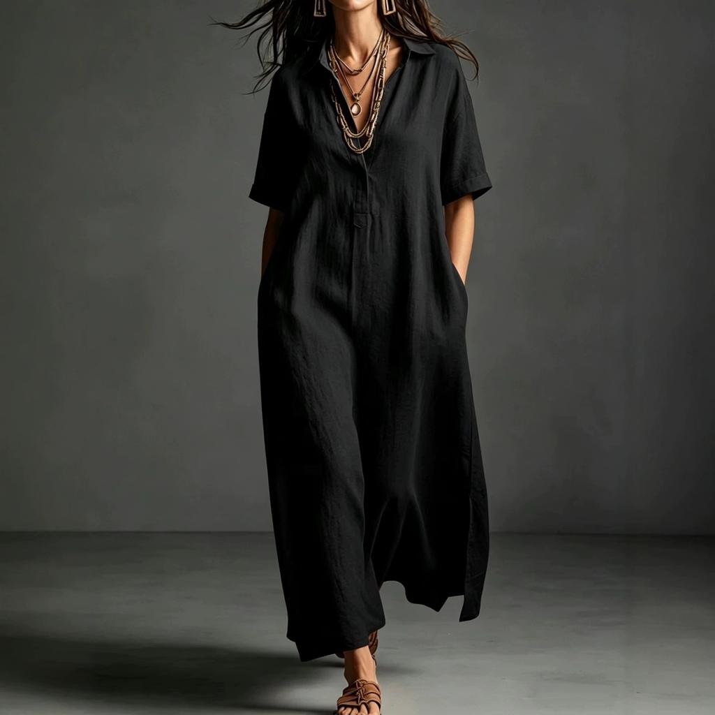 European and American women's clothing spring and summer new cotton and linen simple and elegant solid color short-sleeved lapel dress