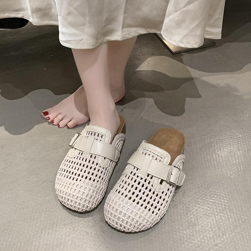 2025 summer new woven fabric belt buckle half drag mesh surface woven comfortable soft bottom slippers bag head slippers