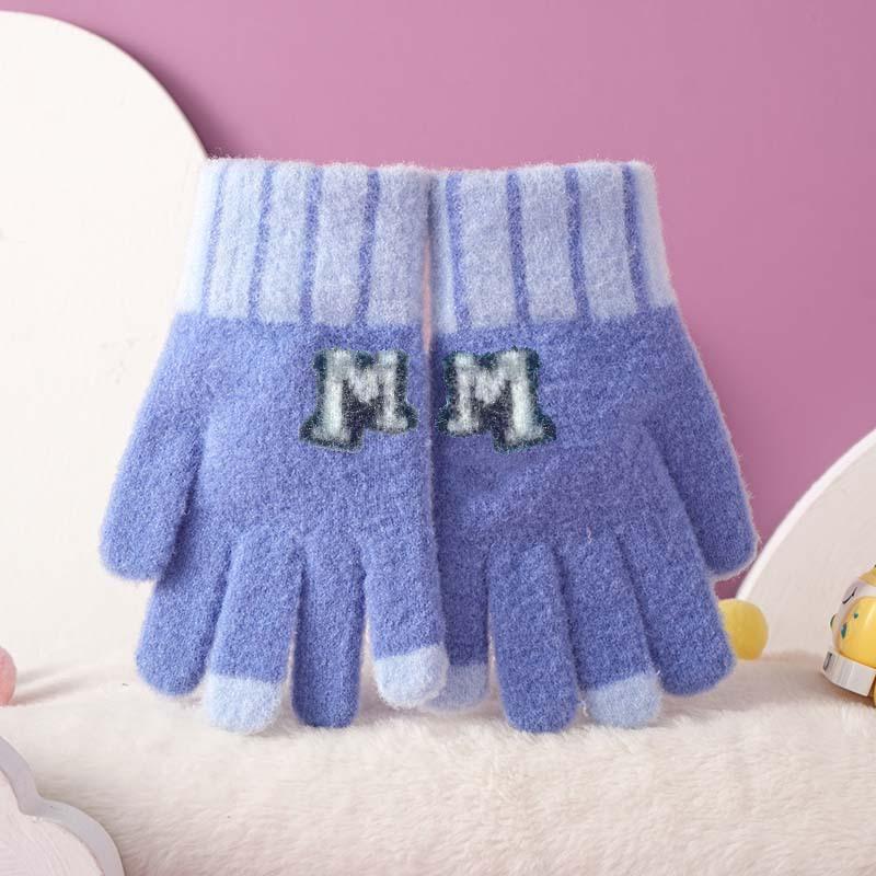 Korean version of knitted wool gloves autumn and winter new plush thickened warm outdoor play cycling M boys and girls gloves