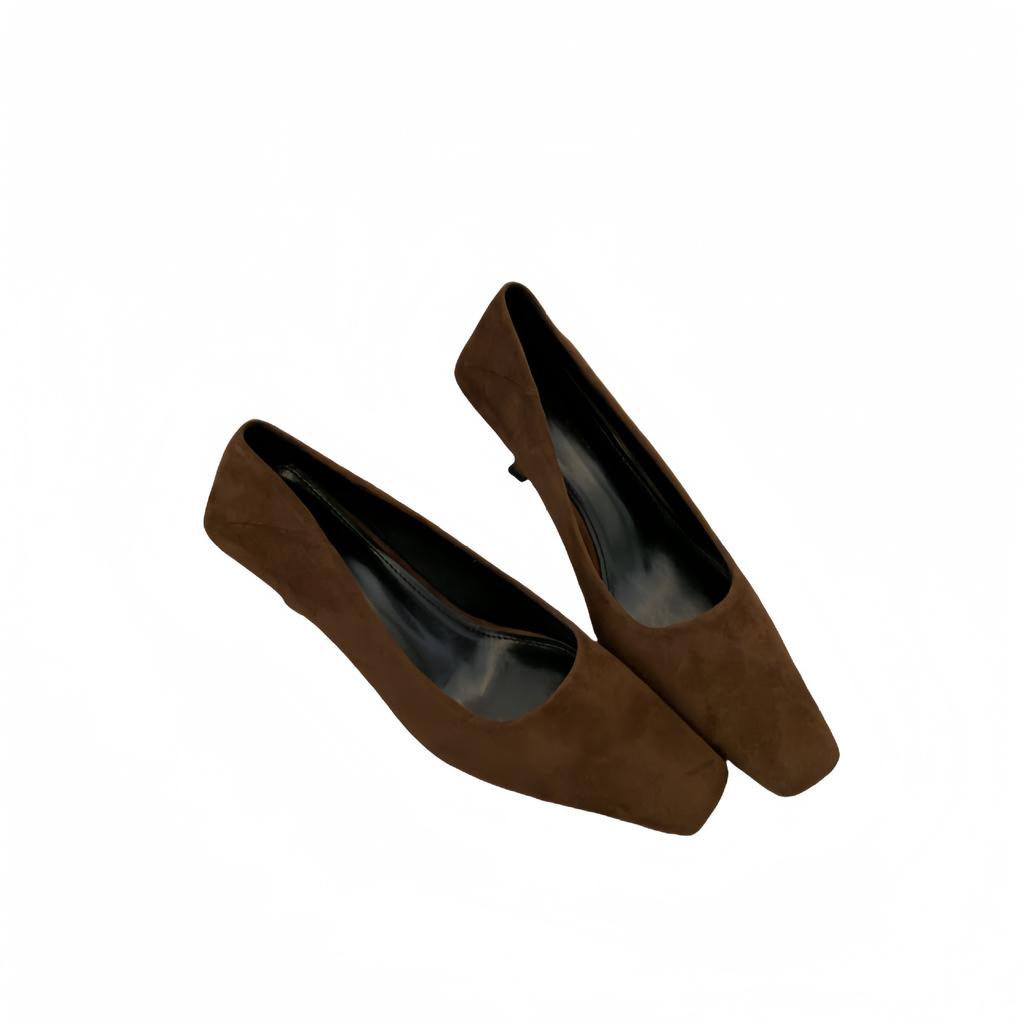 Single Shoes 2025 Spring Women's Korean Version Suede Retro High Heels Women's High-end Sense Solid Color Square Head Shoes Children