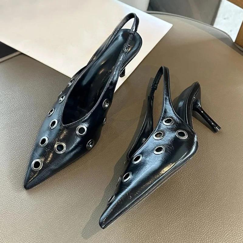 Fashion Elegant Pointed Toe Back Strap High Heels Women Fashion Metal Decoration Brand Designer Shoes Comfortable Shallow Dress Shoes