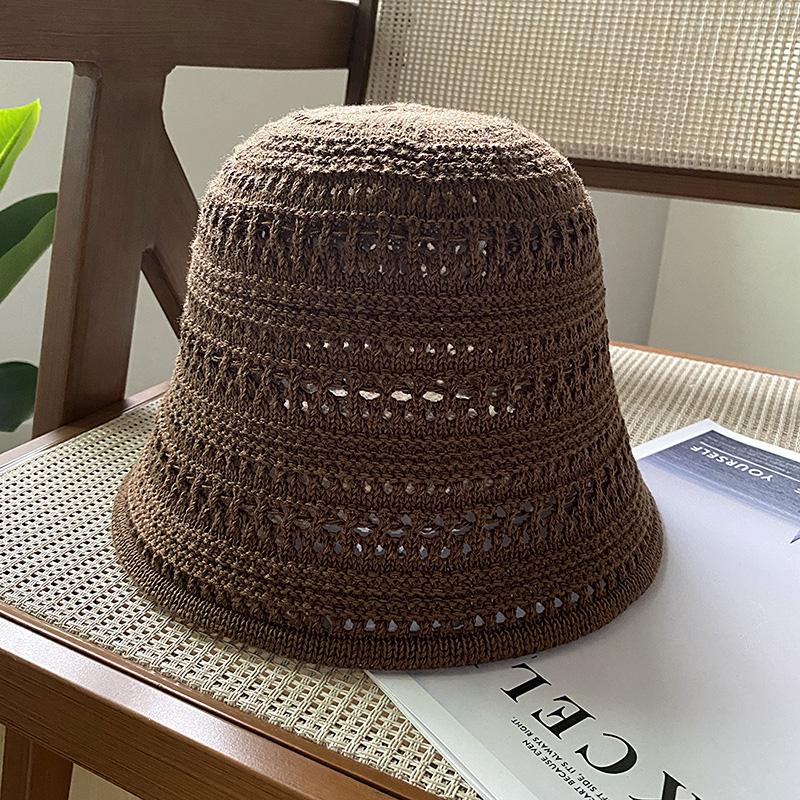 Knitted Hollow Bucket Hat Women's Summer New Solid Color Breathable Sunscreen Sunshade Bucket Basin Hat Sun Hat