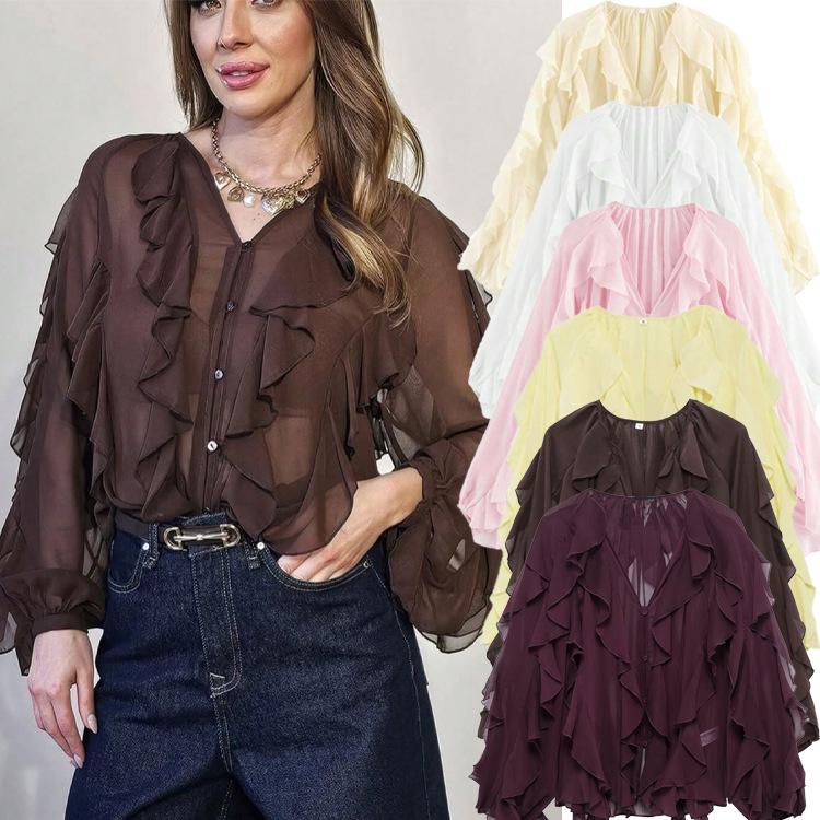European and American V-Neck Layered Long-Sleeve Women's Spring/Summer Pullover Shirt