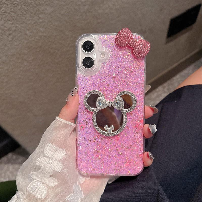 Flash Diamond Mickey Mouse Makeup Mirror 15Promax For Iphone17 Sequins Phone Case 16Pro Bow