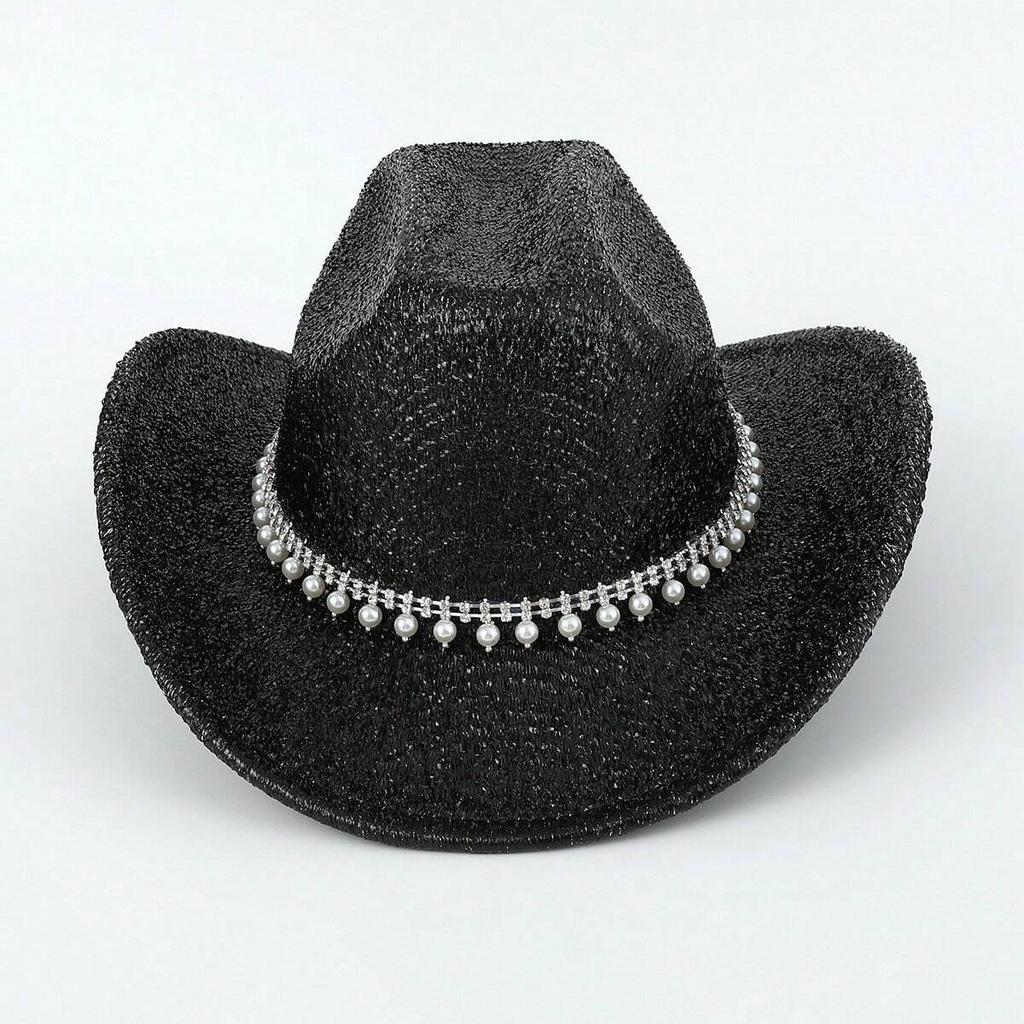 European and American pearl curved brim black glossy western cowboy hat men and women travel shopping casual stage jazz hat