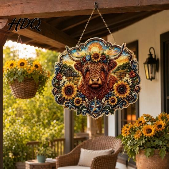 Fine Workmanship Pendant Highland Cow Diamond Art Hanging Ornament Sunflowers Decor Creative Living Room Decoration Aesthetic Decorative Ornament